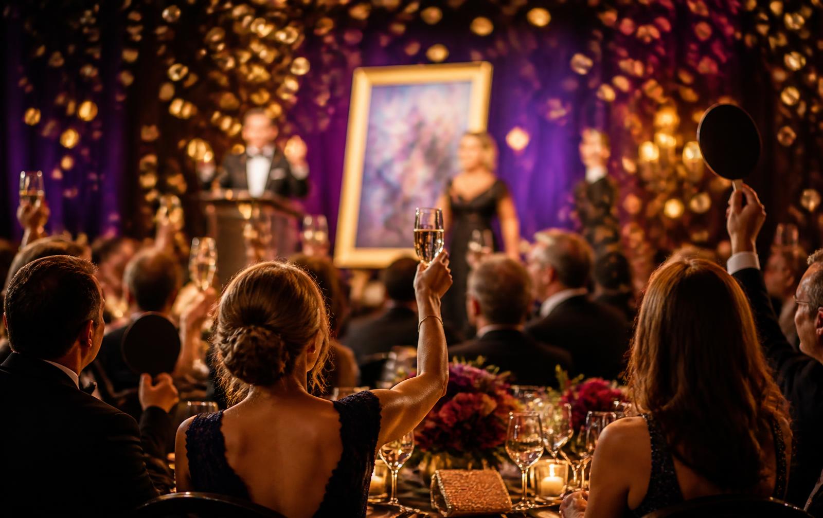 Benefietgala met opgeheven bordjes tijdens een veiling